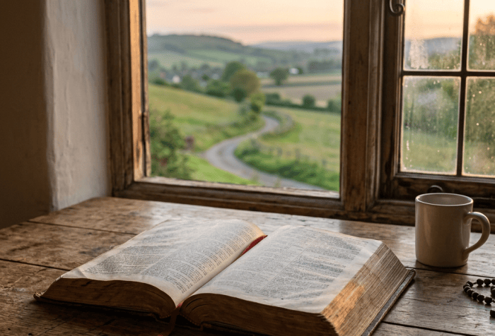 Open Bible and coffee cup on a wooden table beside a countryside window